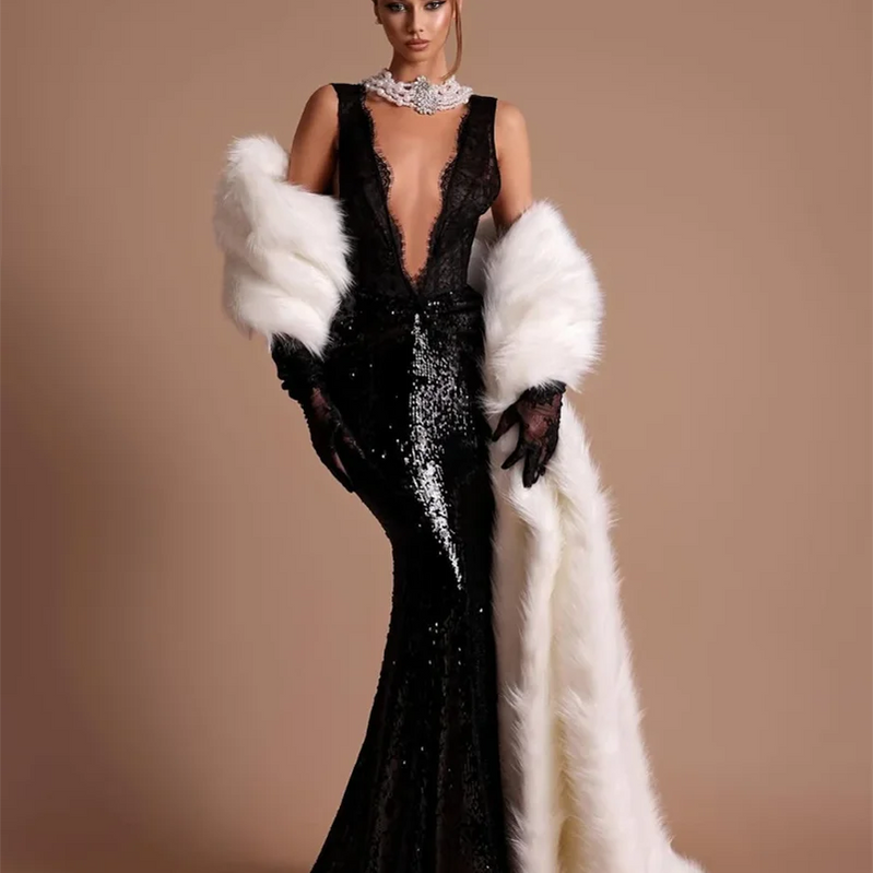 2025 Black Lace Patchwork Sequins Sexy V-Neck Mermaid Floor Length Dress Fashion Woman Party Dress Celebrity banquet Outfit