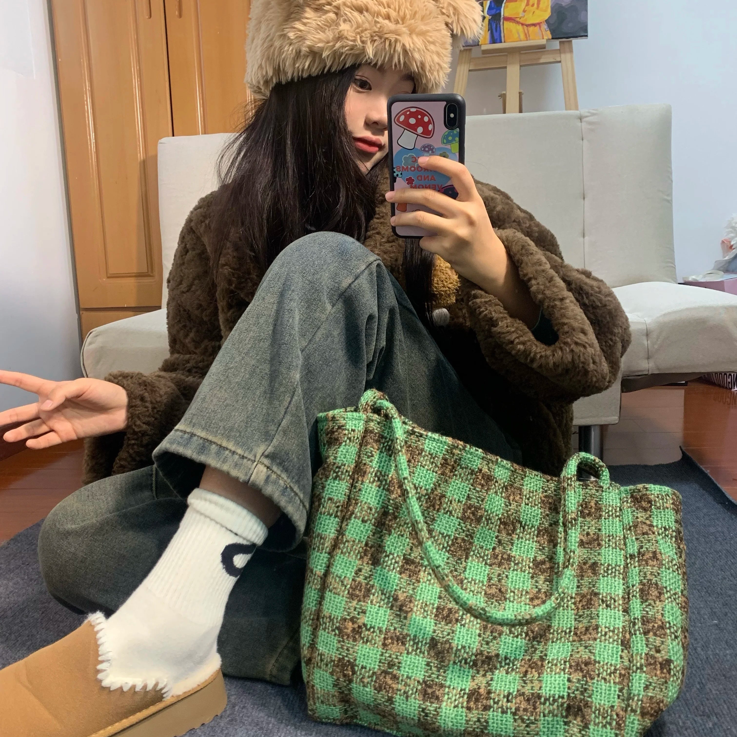 Plaided Checkered Stylish Female Tote Handbag y2k Trend Casual Square Shoulder Purse Soft Women Big Grocery Shopper Bag