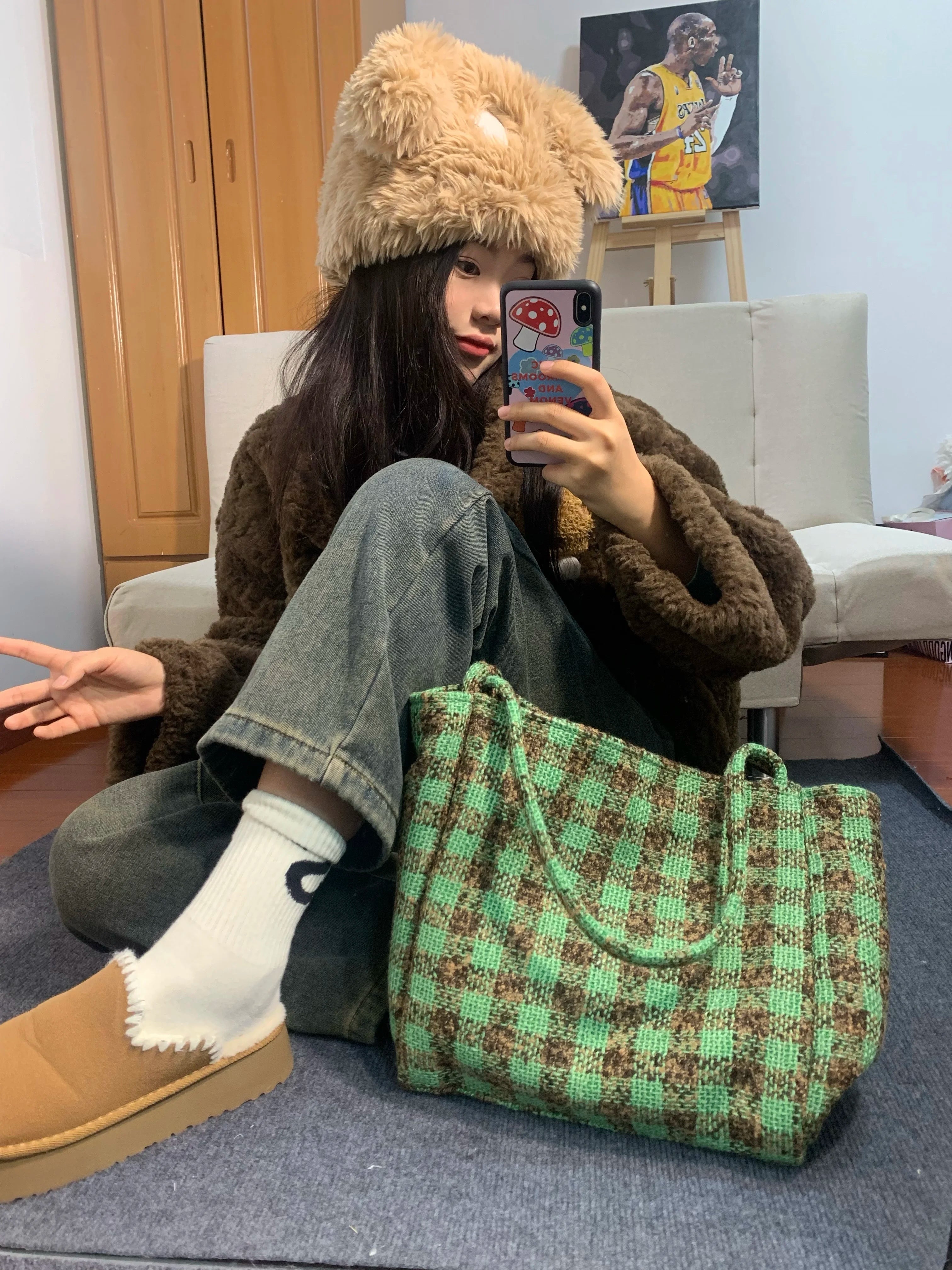 Plaided Checkered Stylish Female Tote Handbag y2k Trend Casual Square Shoulder Purse Soft Women Big Grocery Shopper Bag