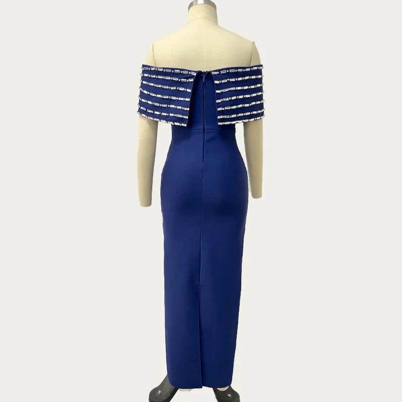 Blue Color Women Sexy Slash Neck Off the Shoulder Shinning Crystal Bodycon Long Bandage Dress Elegant Evening Party Outfit