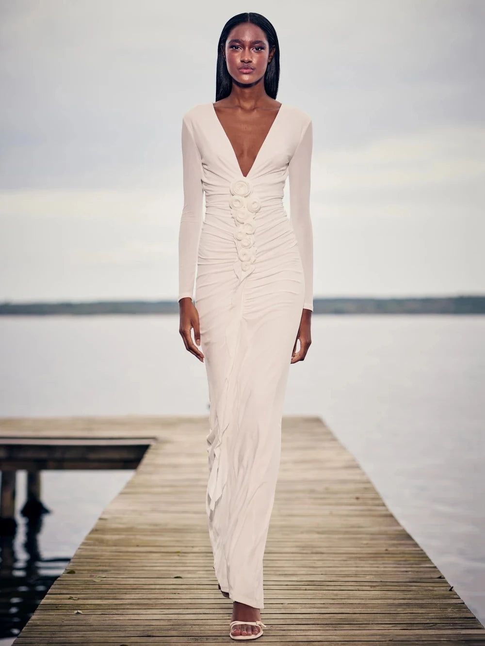 Modphy Sexy V-neck splicing 3D Flower Fold Tight Long Dress Women Long sleeves Solid White 2025 Party Evening Wedding Gowns