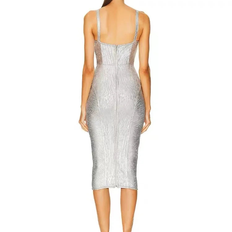 Foil Silver Color Women Sleeveless Sexy Strap Square Collar Bodycon Midi Bandage Dress Celebrate Nightclub Party Dress Vestido