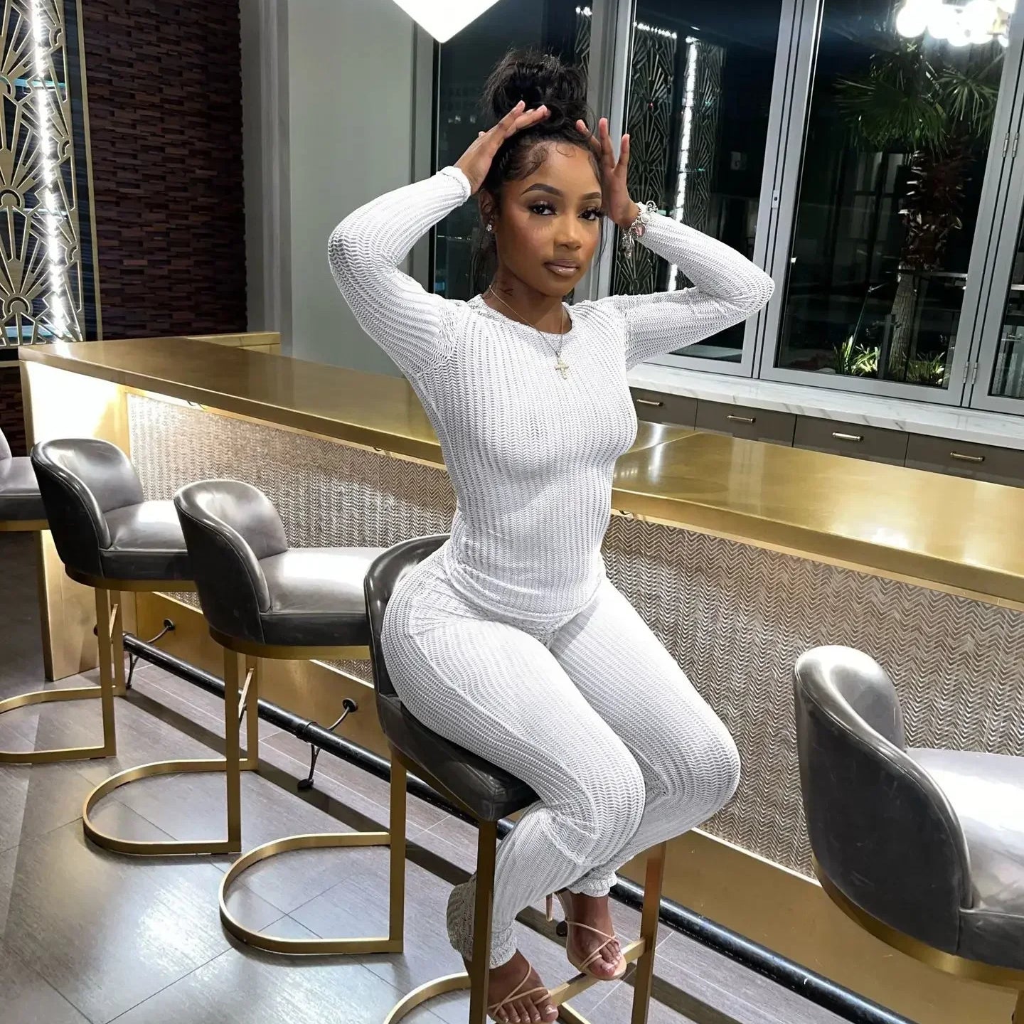 CM.YAYA Fashion See Though Women's Set Long Sleeve T-shirt and Flare Pants 2024 Active Street Two 2 Piece Sets Outfits Tracksuit