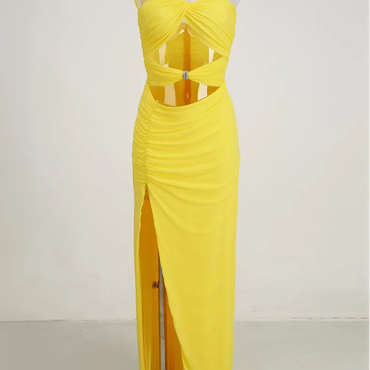 Women's Fashion Bandage Dress Strapless Sleeveless Hollow Out High Split Sexy Evening Dresses Summer yellow