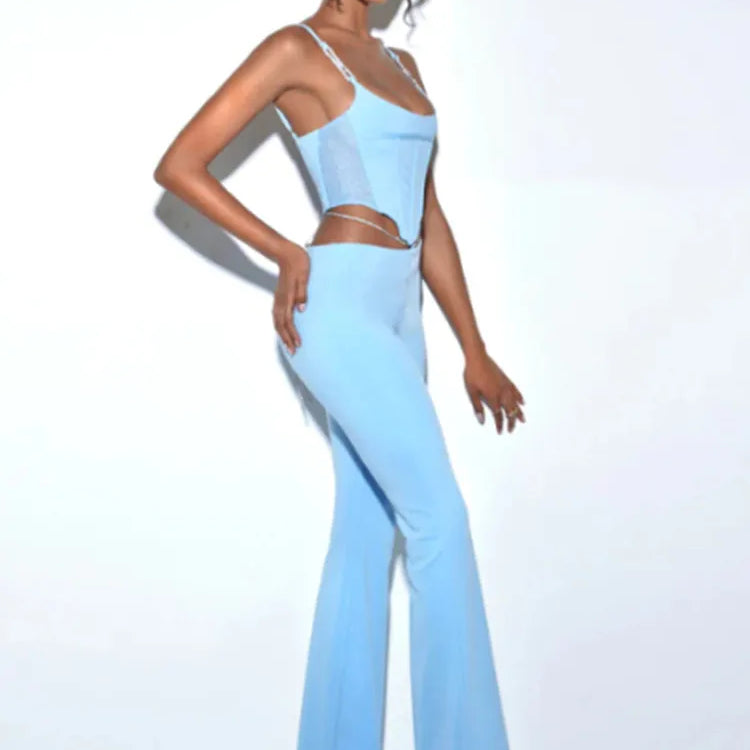 Shiny Chain Sling Sleeveless Cropped Top and Pants 2 Piece Set 2022 New Summer Women's Sexy Club Party Pants Set Outfits