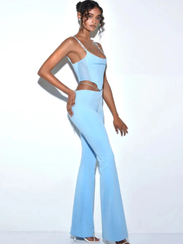 Shiny Chain Sling Sleeveless Cropped Top and Pants 2 Piece Set 2022 New Summer Women's Sexy Club Party Pants Set Outfits