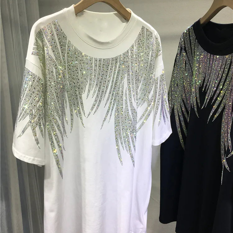 L-4XL Plus Size Tops Rhinestone Graphic T-shirts Luxury Large Size Tunic for Women Men Summer Cotton Women's Clothing Chubby Y2K