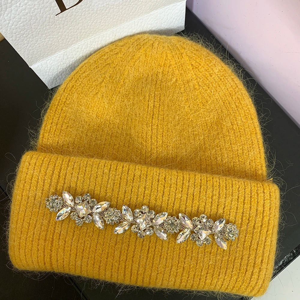 Real Rabbit Fur Knitted Hats for Women Winter Warm Beanie Luxury Rhinestones Bonnet Lady Outdoor Skiing Skullies Beanies Caps turmeic
