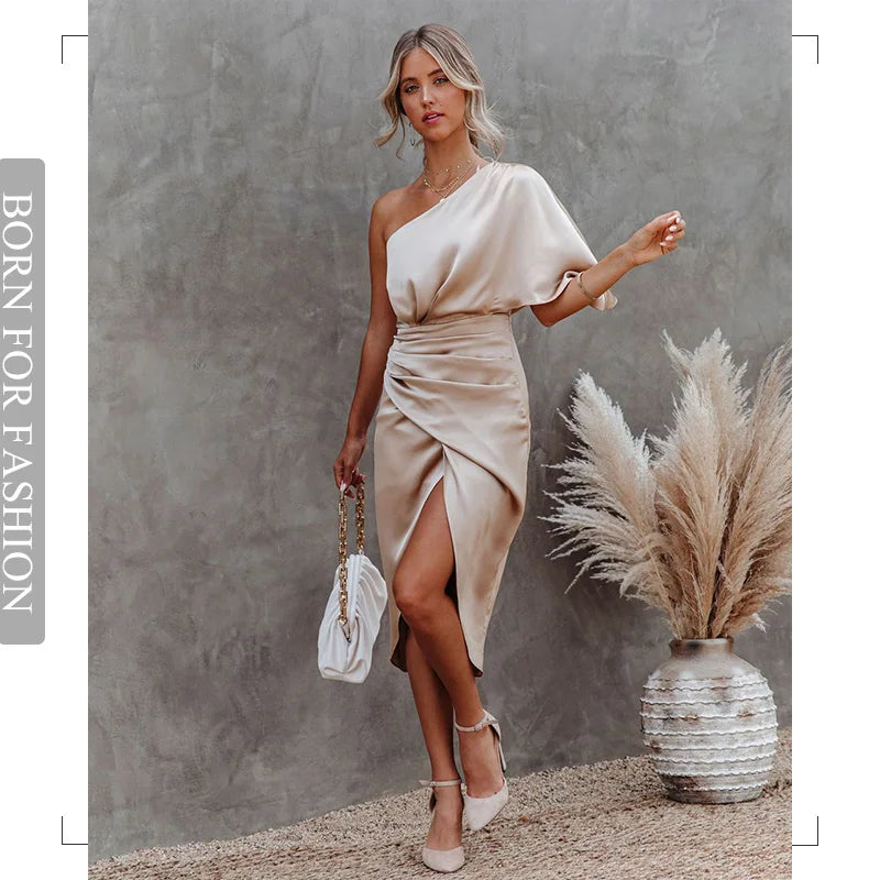 Bodycon Sexy Party Silk Robe Satin Dress Black Women Short Sleeve One Shoulder High Split Ruched Evening Dresses 2024 Summer