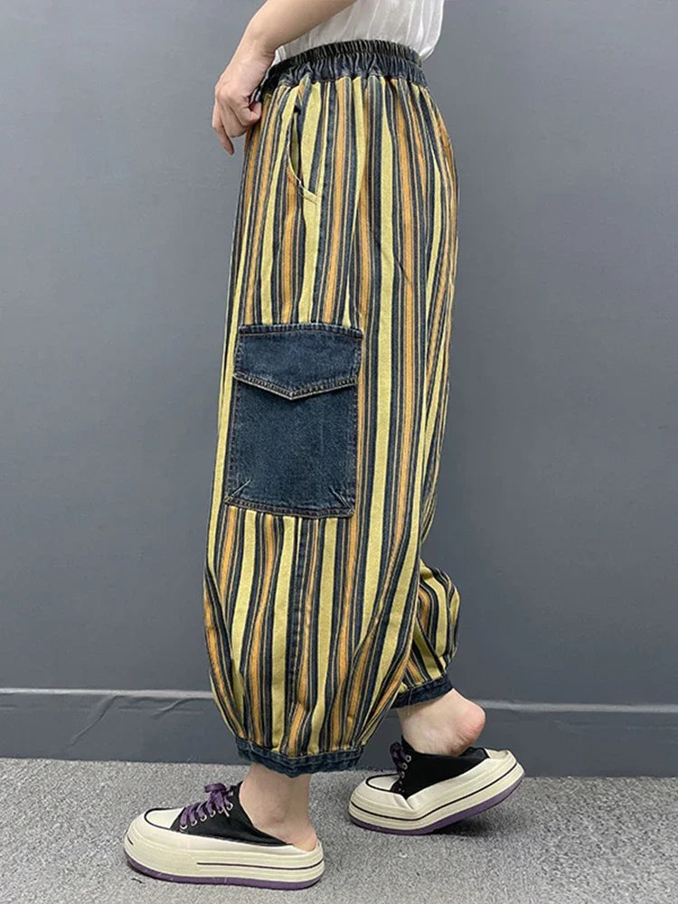 Spring Womens Fashion Striped Denim Wide Leg Pants Ladies Classic Loose Vintage Casual Jeans Females Punk Trousers