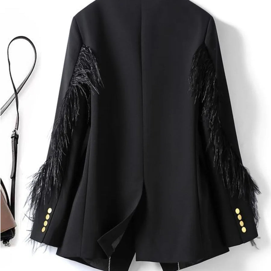 Woman Vintage V-collar Feather Tassel Stitching Blazer Coat Black Loose Suit Jacket Female Long Sleeve Fur Patchwork Outerwear
