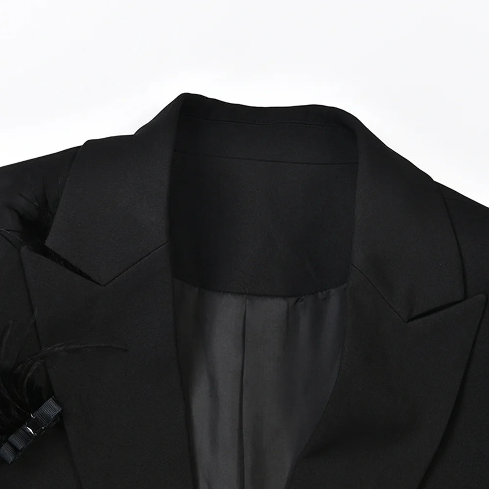 TWOTWINSTYLE Solid Slimming Spliced Bead Feather Blazers for Women Lapel Long Sleeves Patchwork Button Blazer Female Fashion New