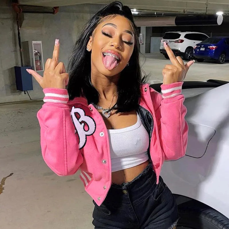 Baseball Jackets Women Single Breasted Letter Hip Hop Streetwear Crop Top Varsity Bomber Jackets Casual College Coats Pink Pink