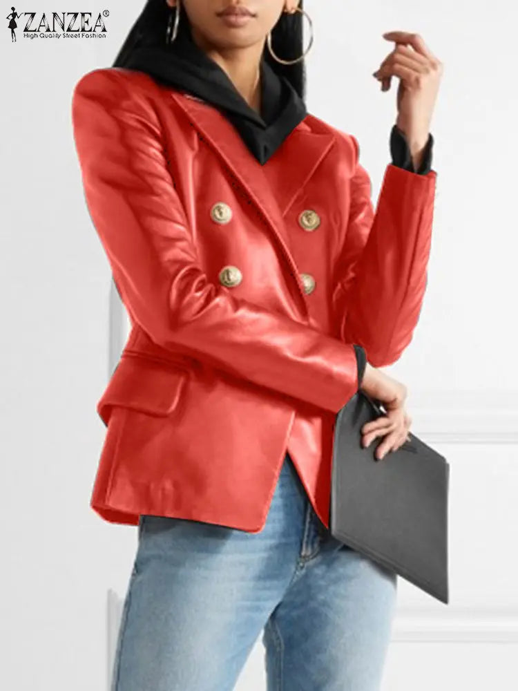 Solid Work Outerwear Women PU Leather Jacket Autumn Buttons Thin Blazer Vintage Long Sleeve Casual Lapel Collar Coat