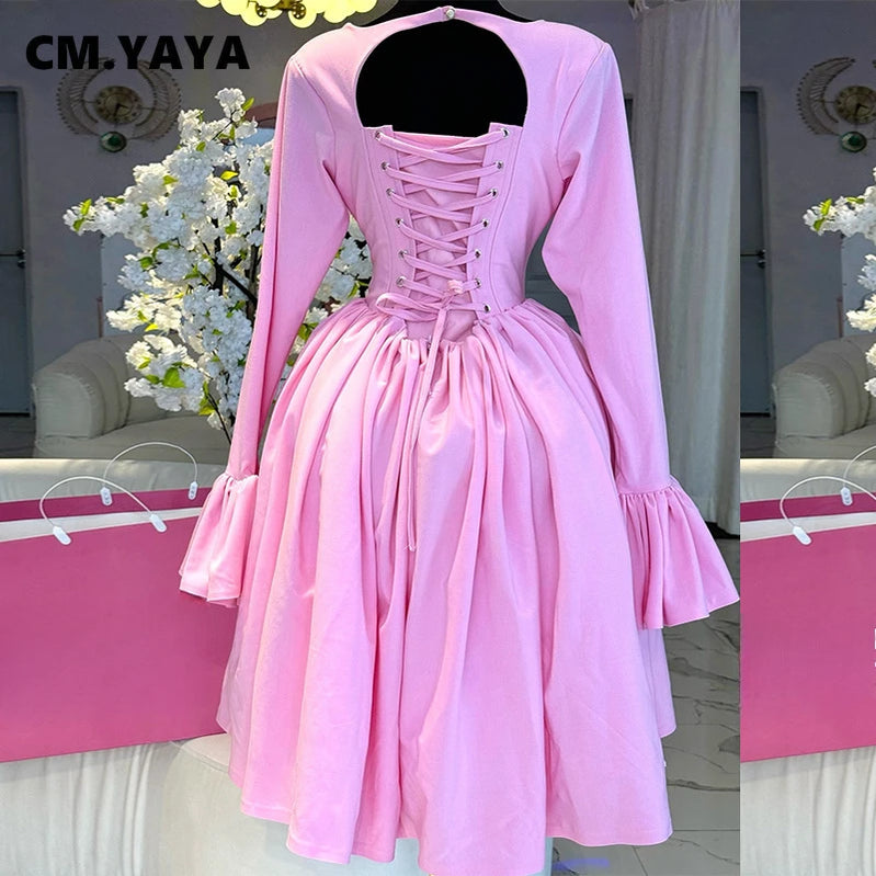 CM.YAYA 2025 Women O-neck Long Flare Sleeve Pleated Mini Midi Dress Backless Elegant Birthday Beach Night Party Vestidos Dresses