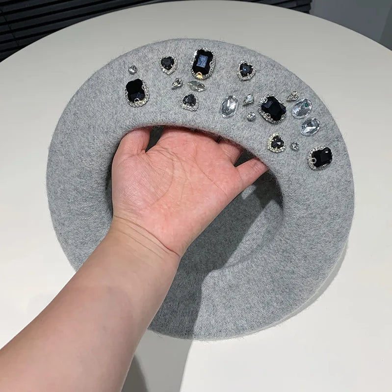 Berets Women Hat Brimless Stretchy Comfortable Rhinestone Y2K Cap Autumn Female Flat Color Cotton 6 56-58cm