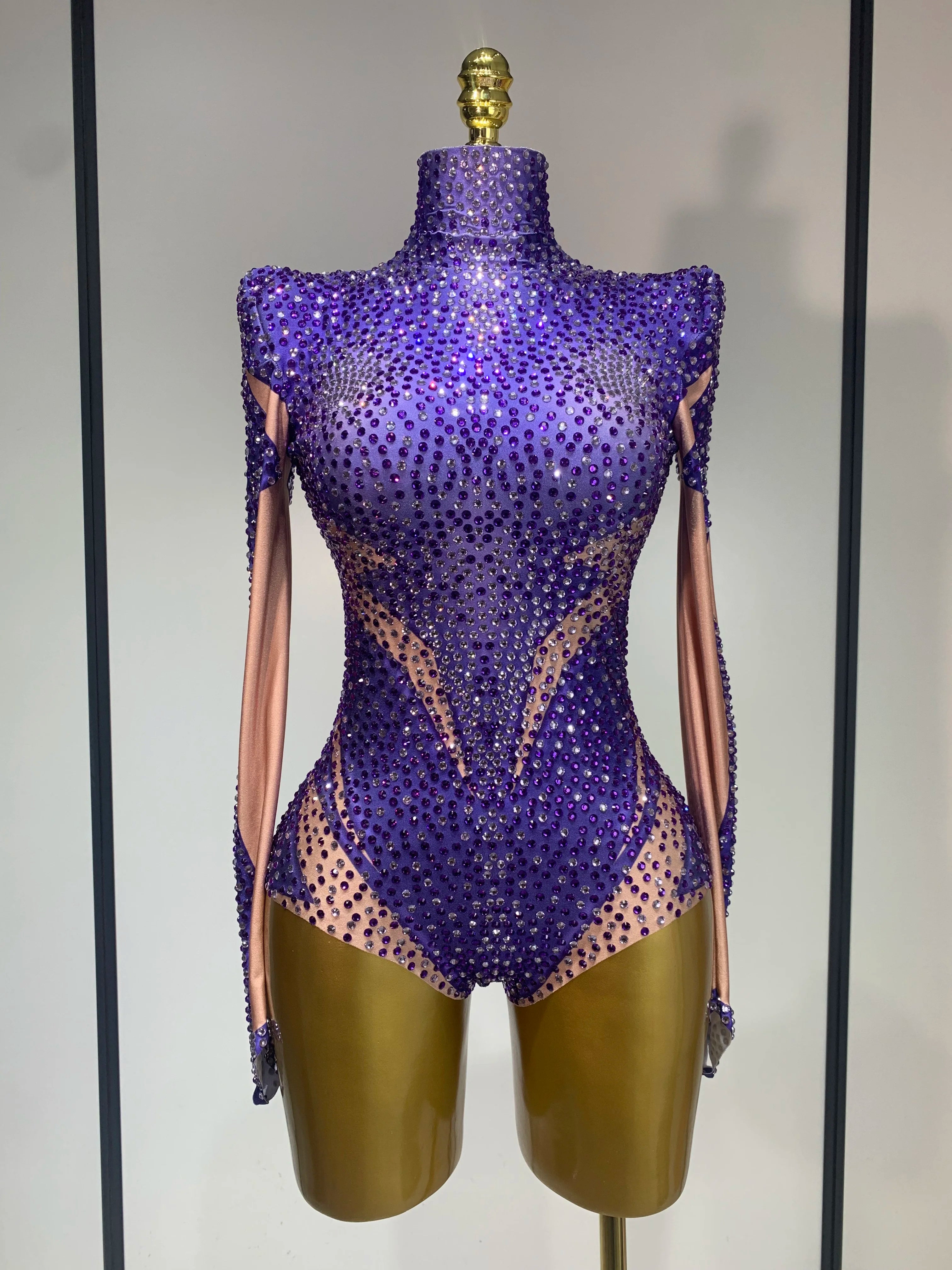 High Quality Luxury Rhinestone Elastic Long Sleeved Bodysuit 2025 Club Singer Dancer Stage Performa Costume Evening Party Outfit