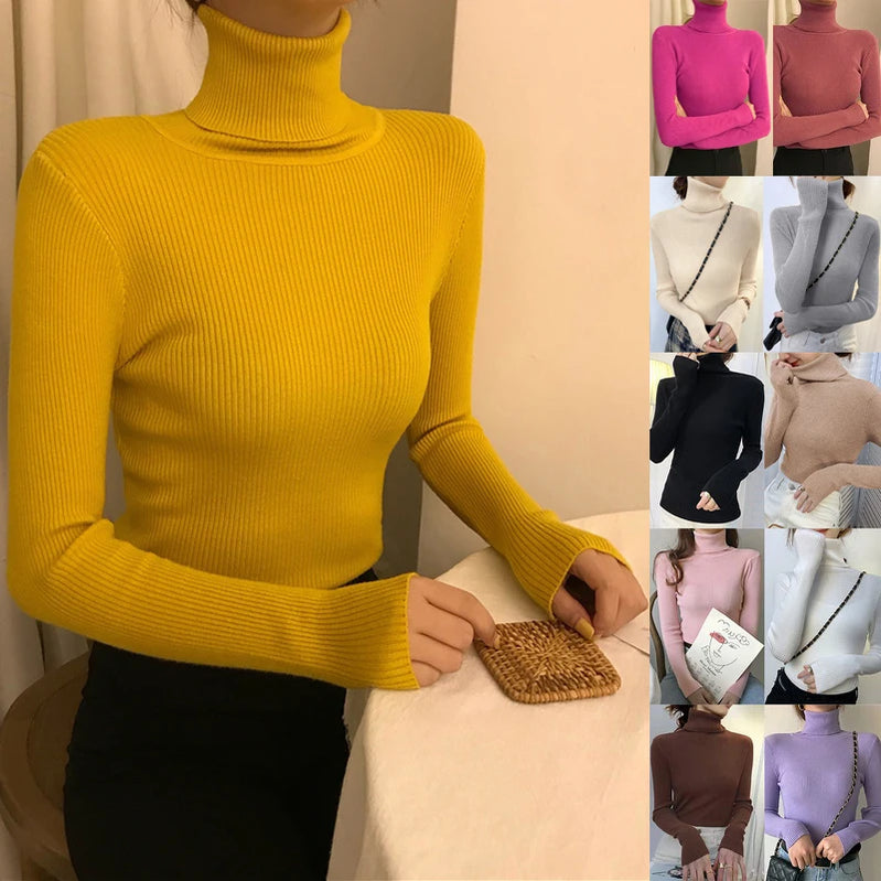 Winter Turtleneck Women's Sweater Knitted Pullover Soft Slim Long Sleeve Top Solid Color Basic High Neck Jumper Woman Clothing