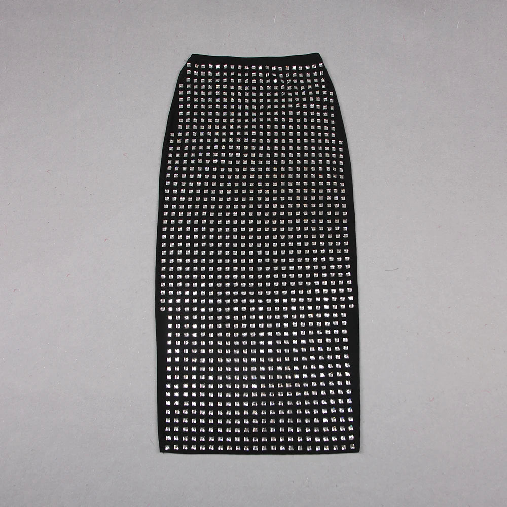 New Arrival Shining Square Diamonds Sexy Mesh See Through Black Long Skirt Fashion Woman High Street Wear Evening Party Outfit