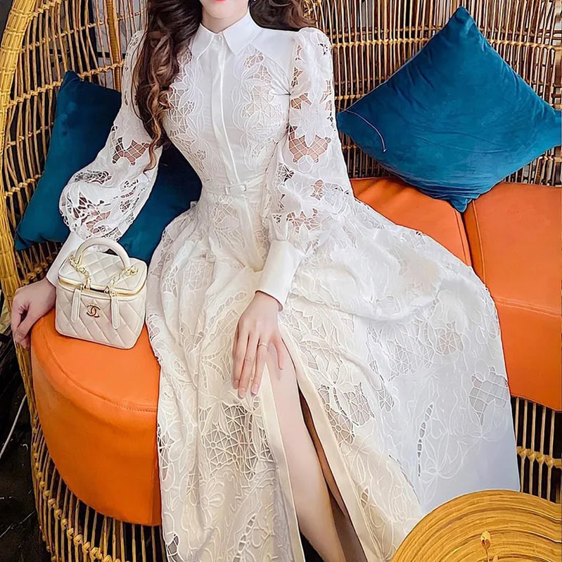 New Luxury Women Lace Embroidery Dress Spring Summer Long Sleeve White Wedding Evening Party Hollow Out Vestido Dresses