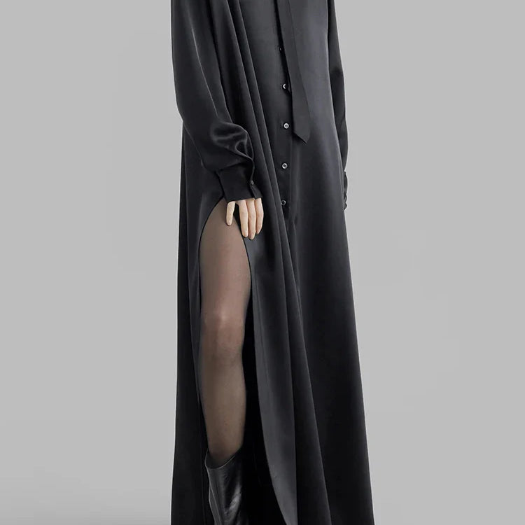 Solid Minimalist Split Dresses For Women Lapel Long Sleeve High Waist Patchwork Single Breasted Loose Dress Female