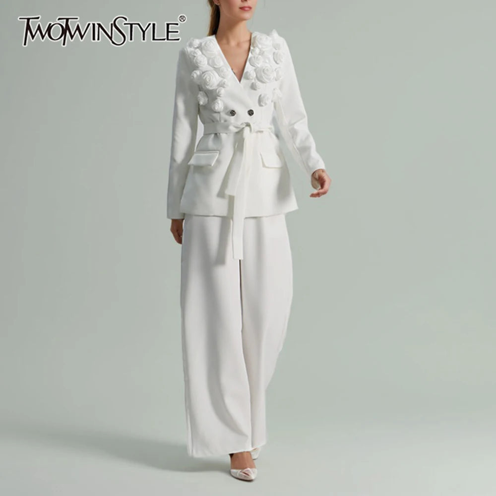 TWOTWINSTYLE Solid Spliced Appliques Two Piece Sets for Women V Neck Long Sleeve Patchwork Pocket Top High Waist Pant Set Female