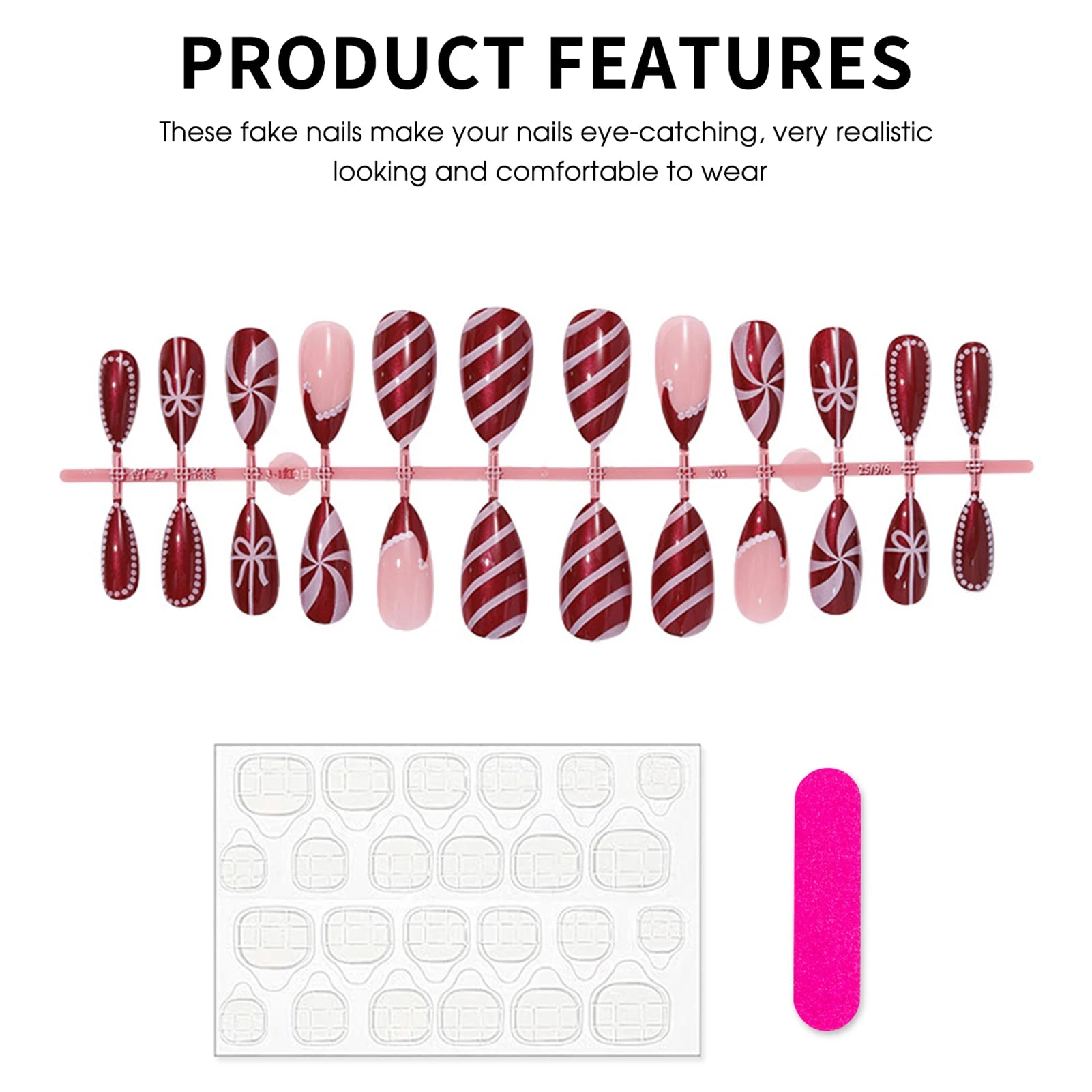 Women Christmas Party Wine Red Fake Nails 24Pcs Almond Press On Nails Xmas Hat French False Nail Bowknot/Dot Printed Nails Art