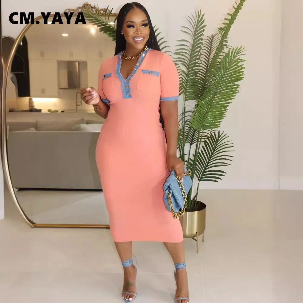 CM.YAYA Women Button Front Denim Splicing V-neck Short Sleeve Midi Dress 2024 Summer Sexy Club Street Party Dresses Vestidos