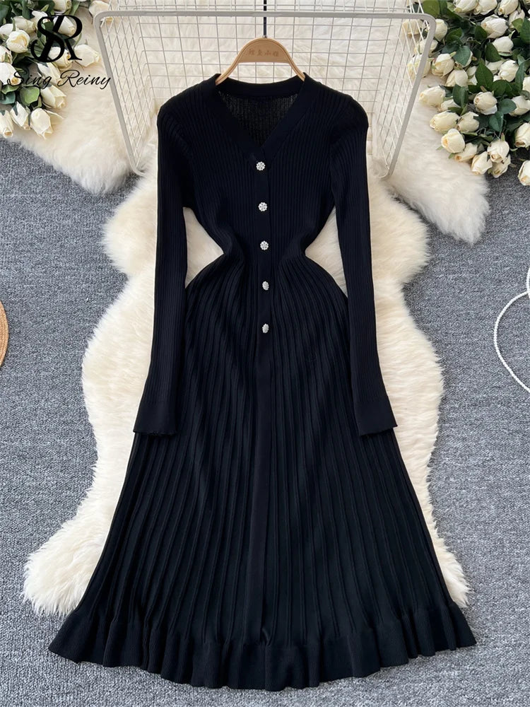 SINGREINY Autumn Knitting Sweater Dress Ladies V-Neck Single Breasted Full Sleeve Soft Slim Senior Knitted Casual Long Dress black One Size