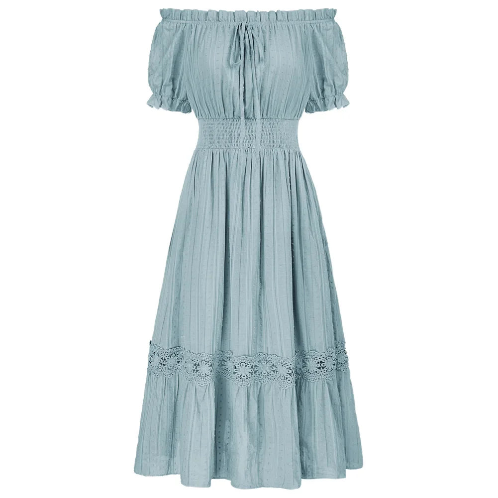 SD Women Renaissance Cotton Dress Summer Short Sleeve Ruffled Off Shoulder Flared A-Line Dress Ruched Slim Fit Fashion Dresses Pale Blue