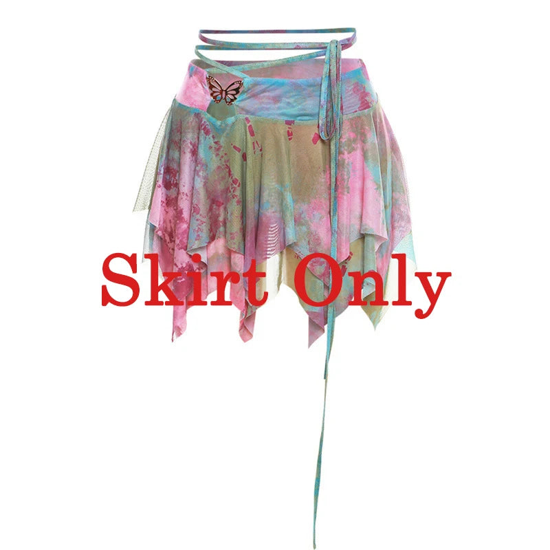 Zenaide Fall Mesh Butterfly Women 3 Piece Set Bandage Cami+Irregular Skirt+Fairy Festival Crop Top Tie Dye Rave Party Outfit Y2K Green Skirt Only