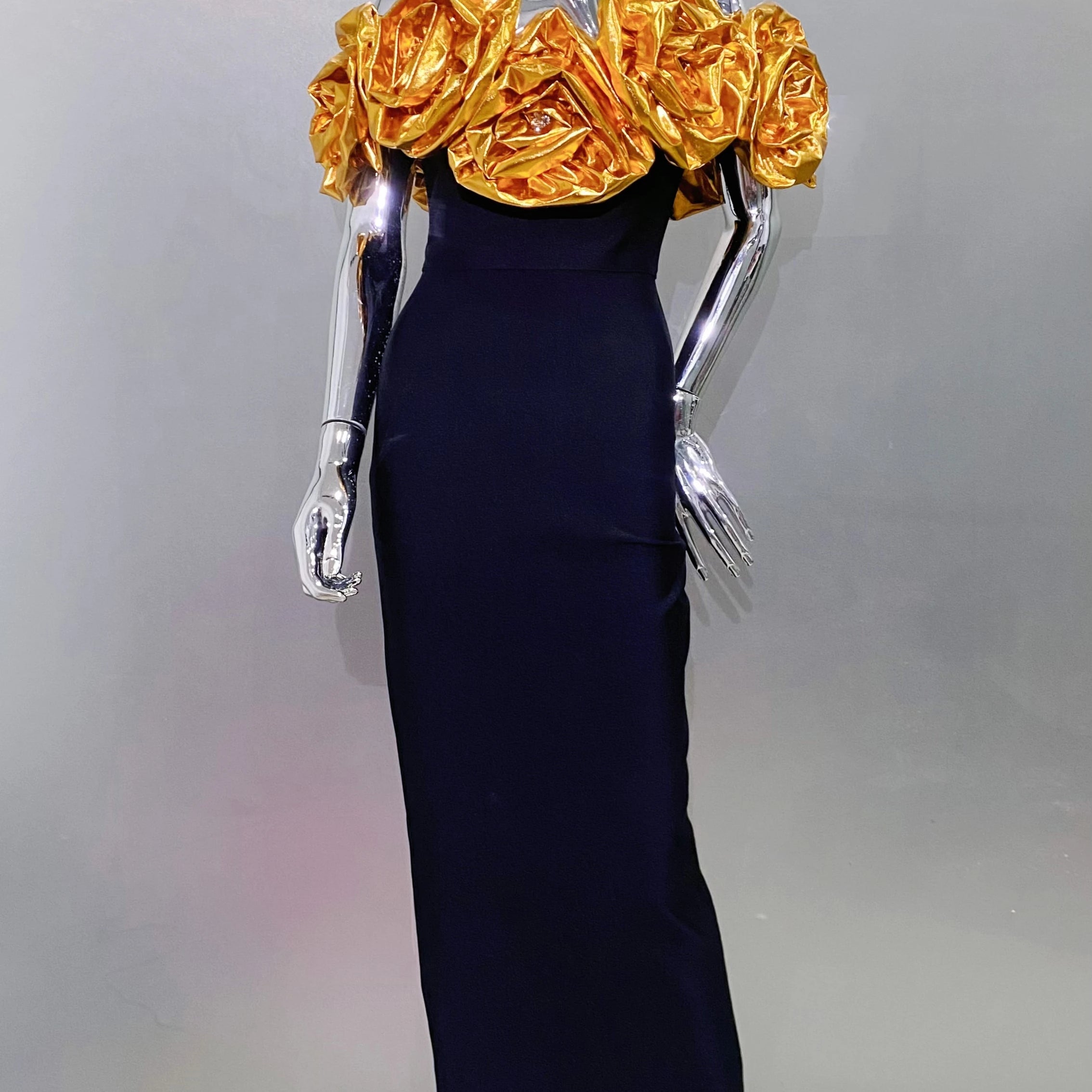 Stereoscopic Gloden Flowers Sexy Off The Shoulder Ankle Lenght Bandage Dress Woman Birthday Party Vestido Wedding Party Outfit