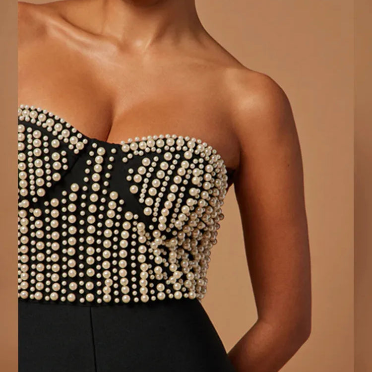 Macacão feminino luxuoso, sexy, sem alças, com pérolas e bandagem, estilo celebridade, designer de rua, 2025