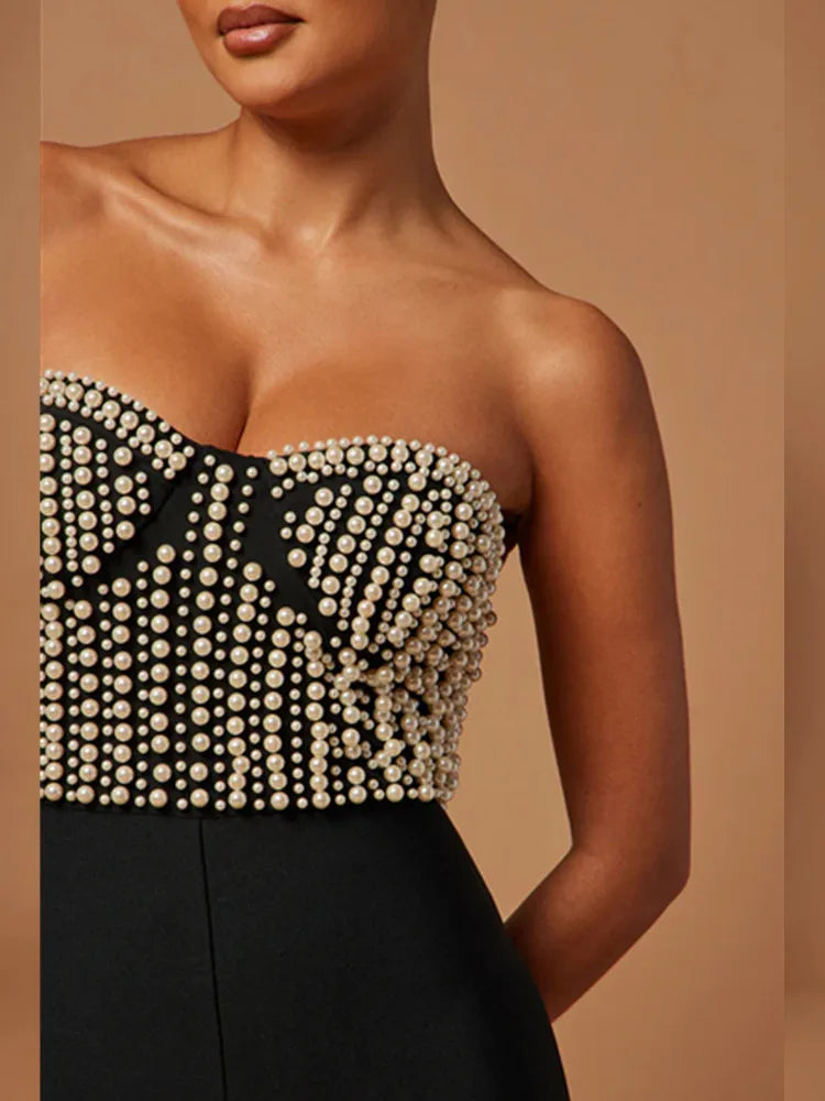 Macacão feminino luxuoso, sexy, sem alças, com pérolas e bandagem, estilo celebridade, designer de rua, 2025