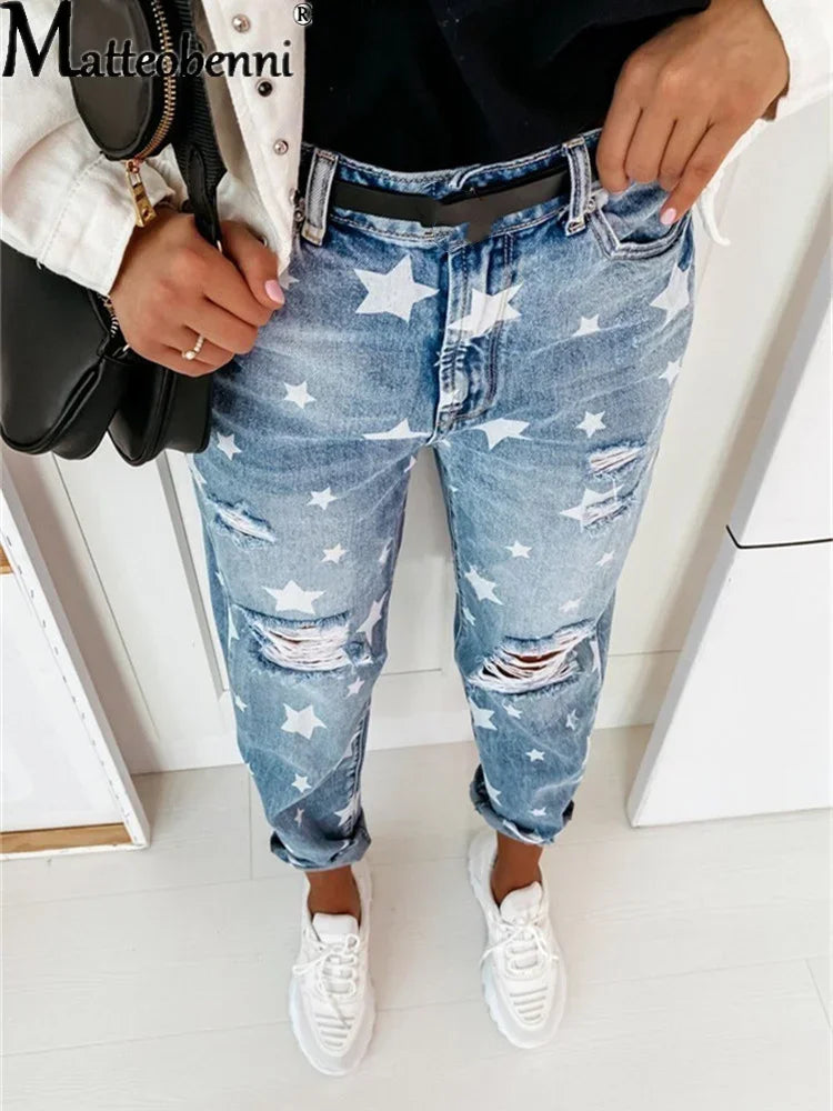 Autumn Boyfriend Jeans Woman Slim Hole Jeans For Ladies With Five-Pointed Star Ripped Jeans Street Casual Blue Denim Pants