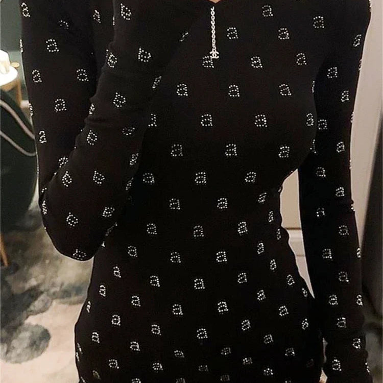 AW Wang Diamond A Letter Slim Fit Stretch Black Long Sleeve Short Skirt For Women Evening Party Dress Vestidos Midi Clothing