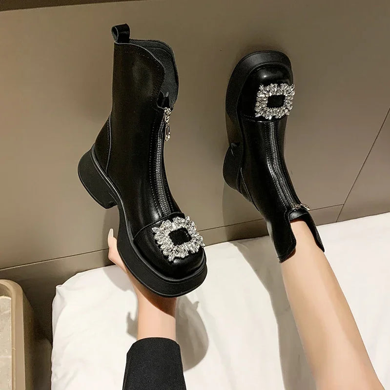 Autumn Chunky Crystal Zipper Chelsea Boots Women Shoes Designer Fashion Ankle Boots Snow Punk Goth Gladiator Lady Shoes Black-A1