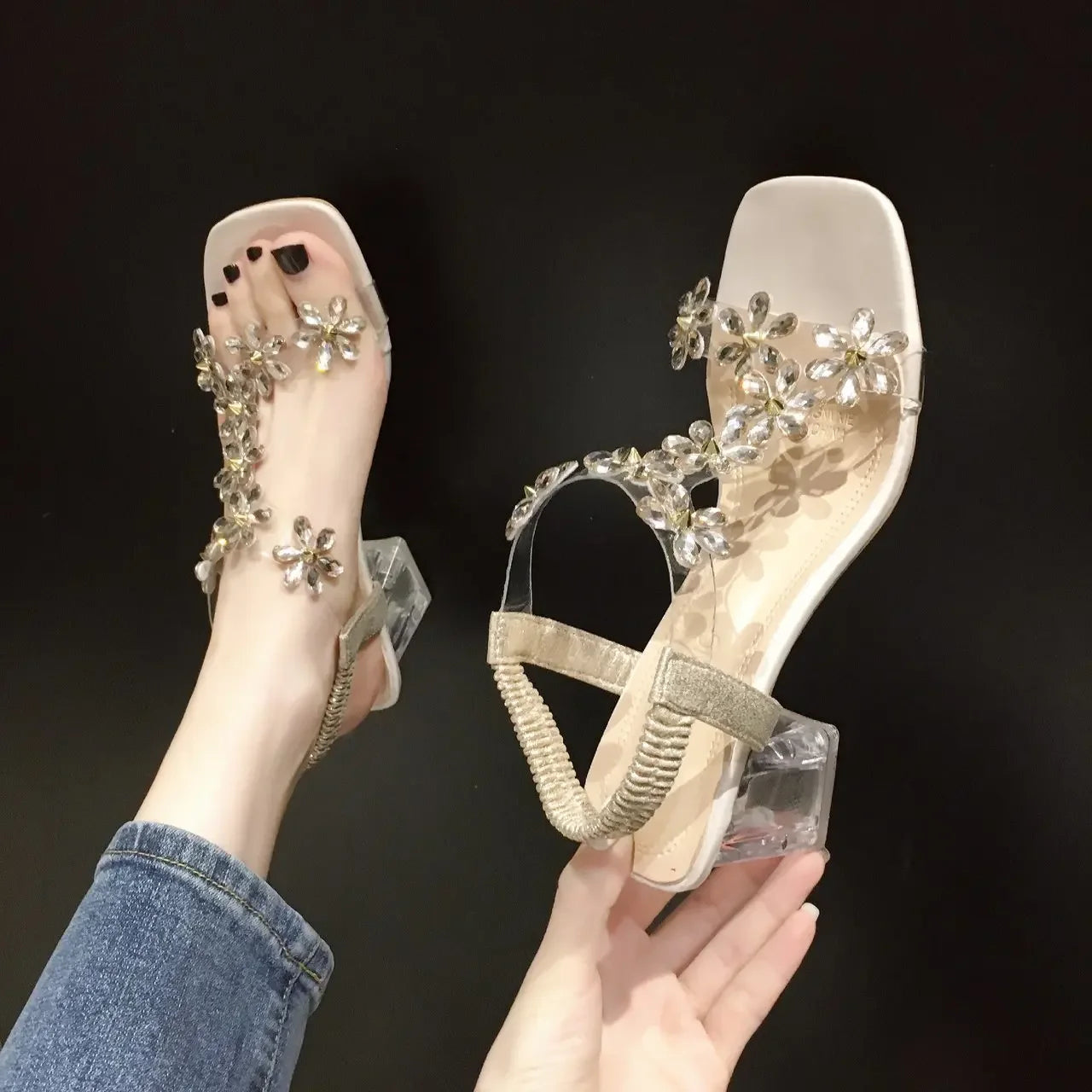 Sandals Women Summer Fashion Women's Sandals Flowers Rhinestone Sandals Transparent Root Open Toe Woman Heeled Shoes