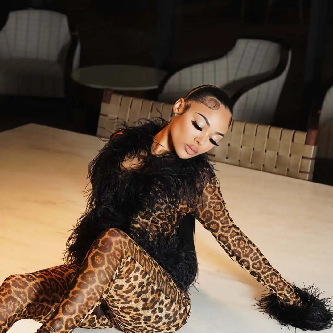 CM.YAYA Fashion Mesh See Though Women's Set Feather Side Long Sleeve Crop Top and Legging Pants 2025 Sexy Two 2Piece Sets Outfit