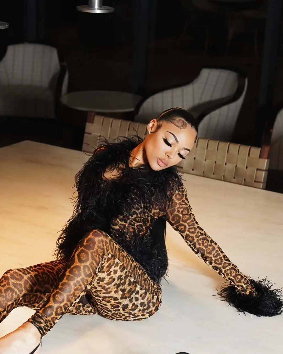 CM.YAYA Fashion Mesh See Though Women's Set Feather Side Long Sleeve Crop Top and Legging Pants 2025 Sexy Two 2Piece Sets Outfit