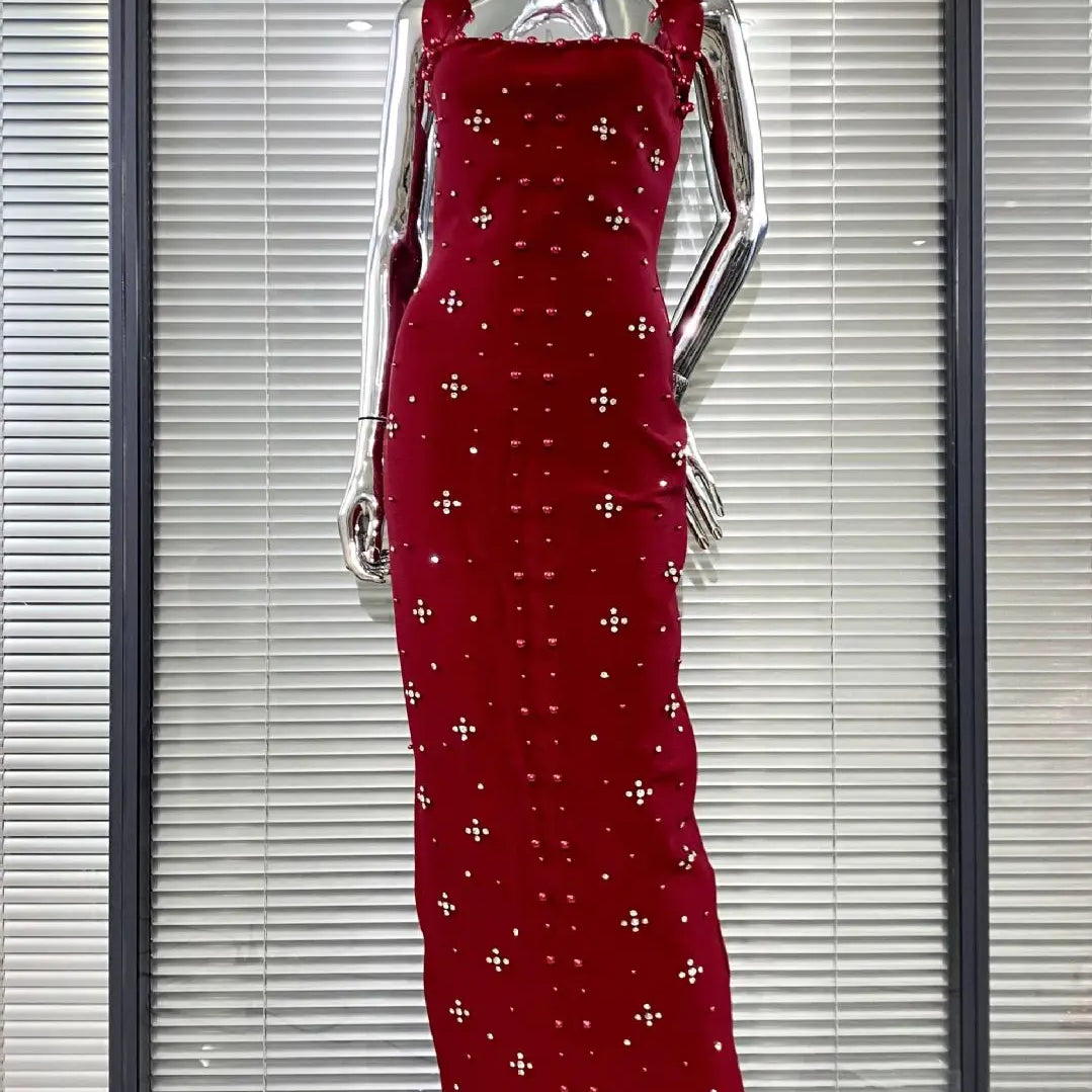 High Quality Women Sexy Halter Off the Shoulder Beading Rhinestones Bodycon Long Bandage Dress Evening Party Cocktail Vestido