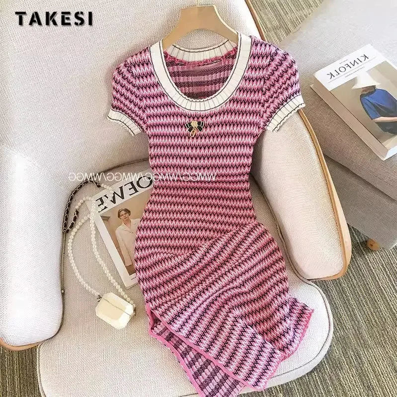 Women Short Sleeve Round Neck Striped Luxury Sheath Mini Dresses  Summer Patchwork High Waist Slim Fit Knitting Dress