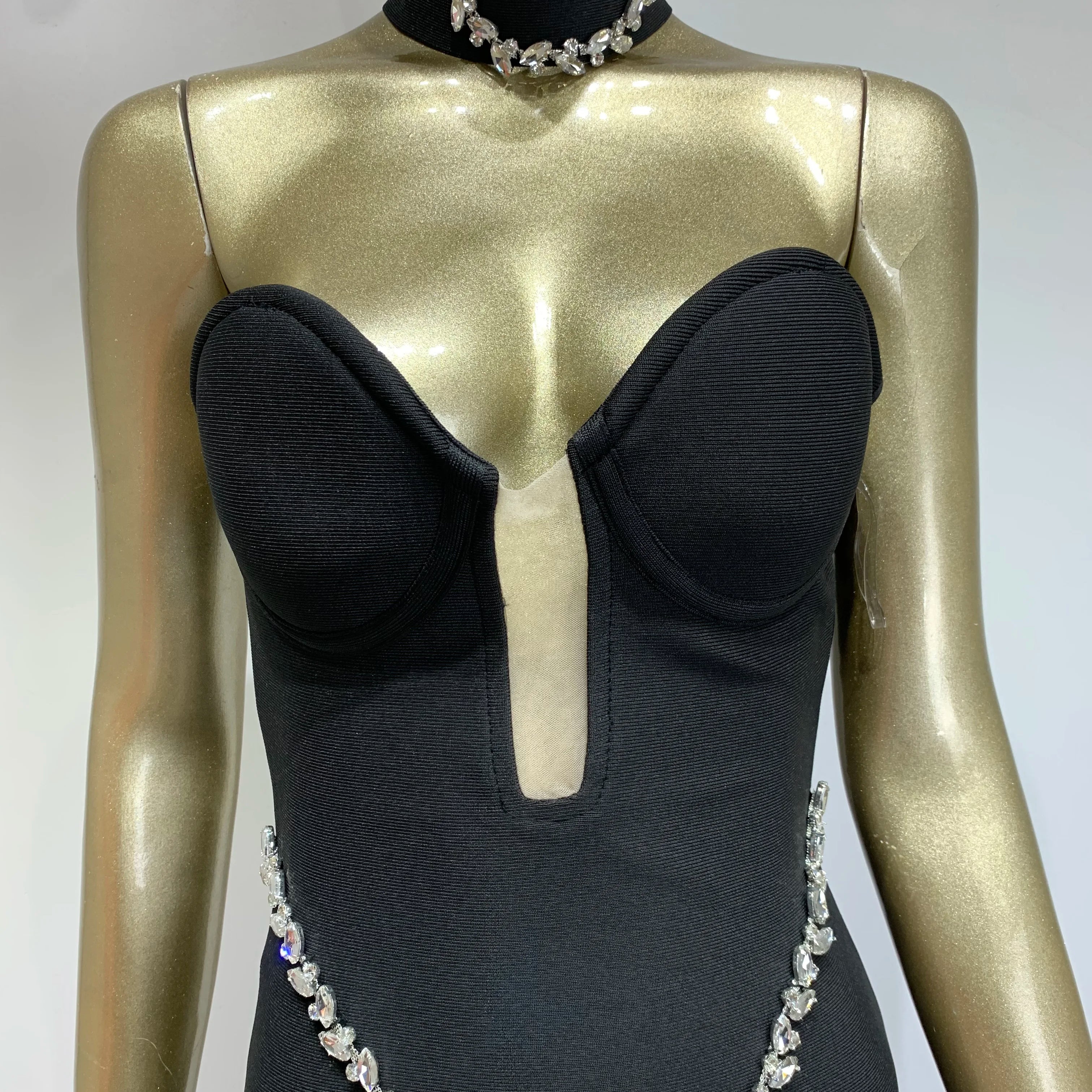 Women Summer Celebrity Sexy Strapless Beading Black Mini Bodycon Bandage Dress 2025 Elegant Evening Club Party Dress