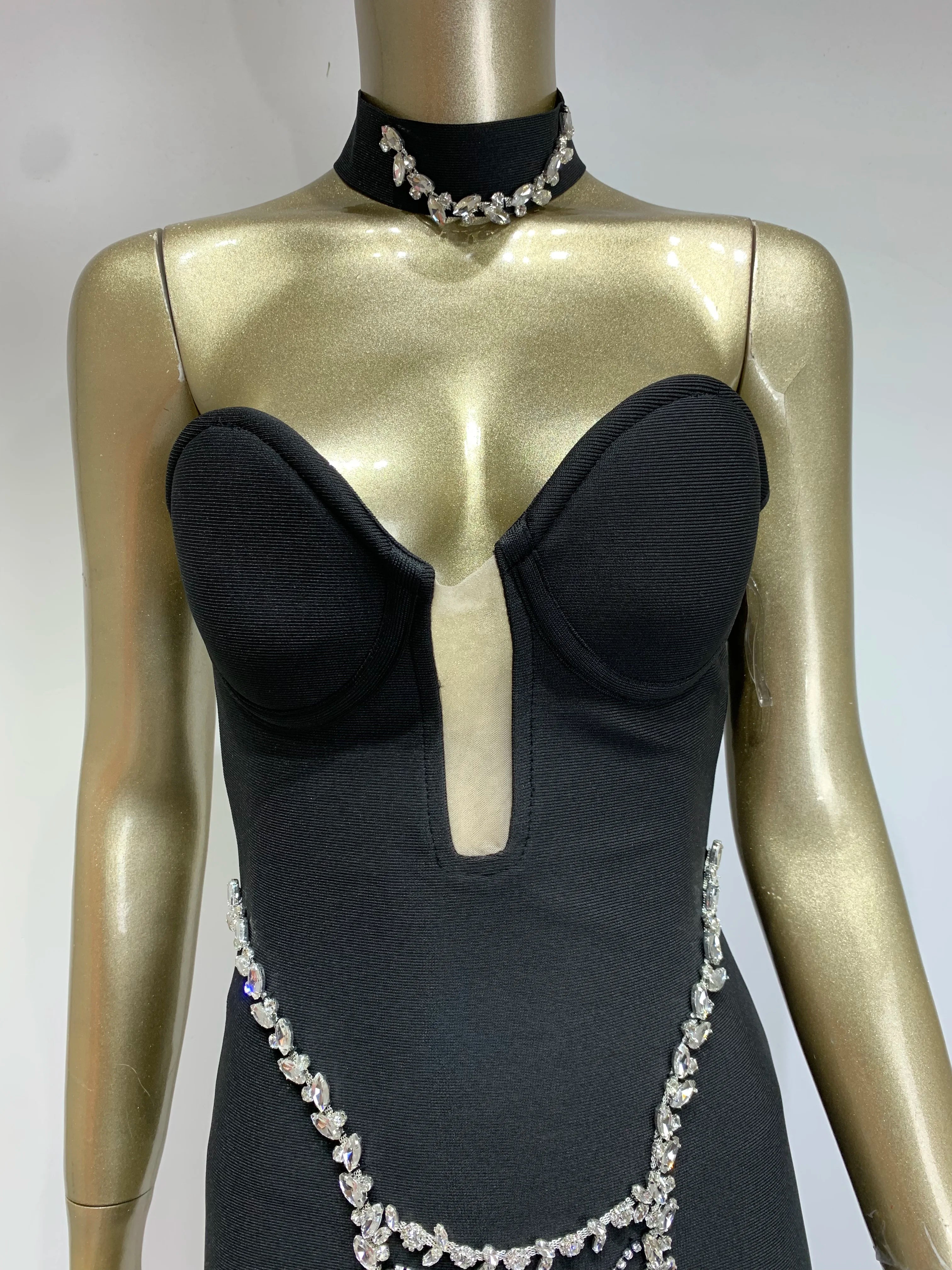 Women Summer Celebrity Sexy Strapless Beading Black Mini Bodycon Bandage Dress 2025 Elegant Evening Club Party Dress
