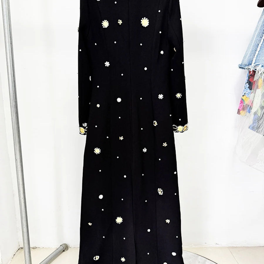 TWOTWINSTYLE Hit Color Spliced Bead Luxurious Dresses for Women Round Neck Long Sleeve Patchwork Wave Point Elegant Dress Female