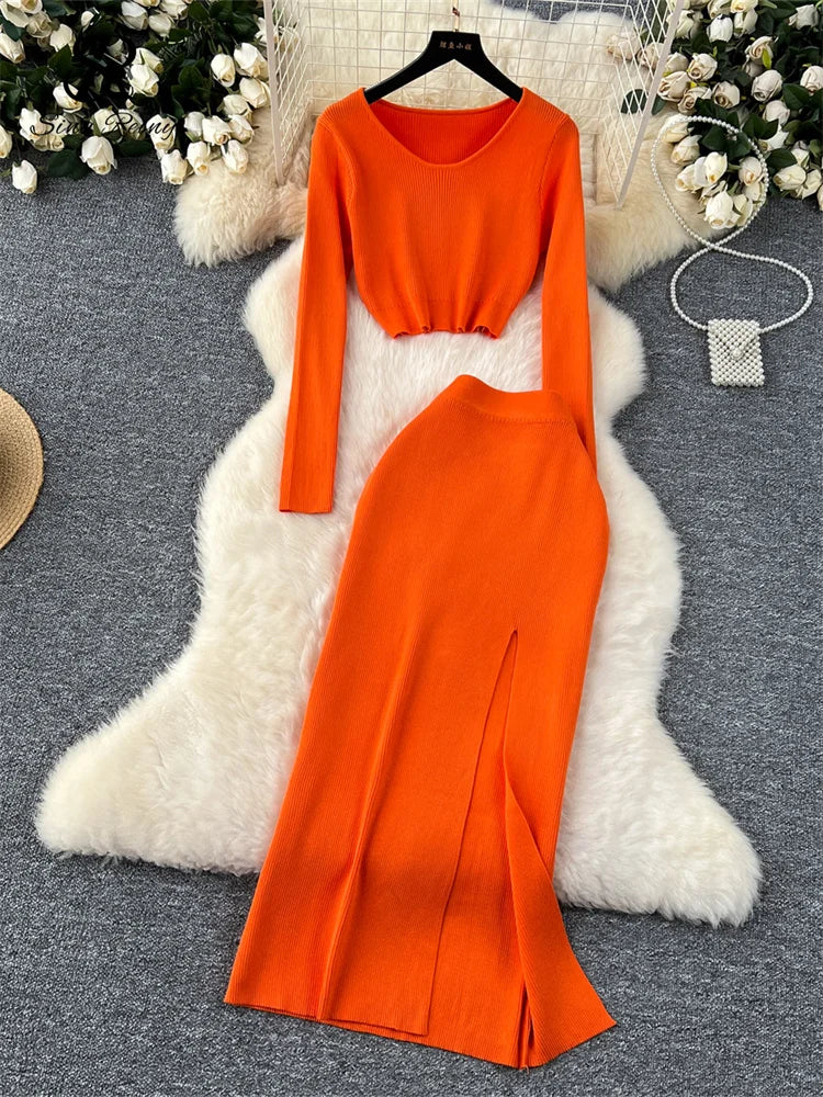 SINGREINY Autumn Sweater Two Pieces Suits Long Sleeves Knit Top+ Elatic Waist Slim Split Long Skirt Sets Women Warm Knitted Suit orange One Size