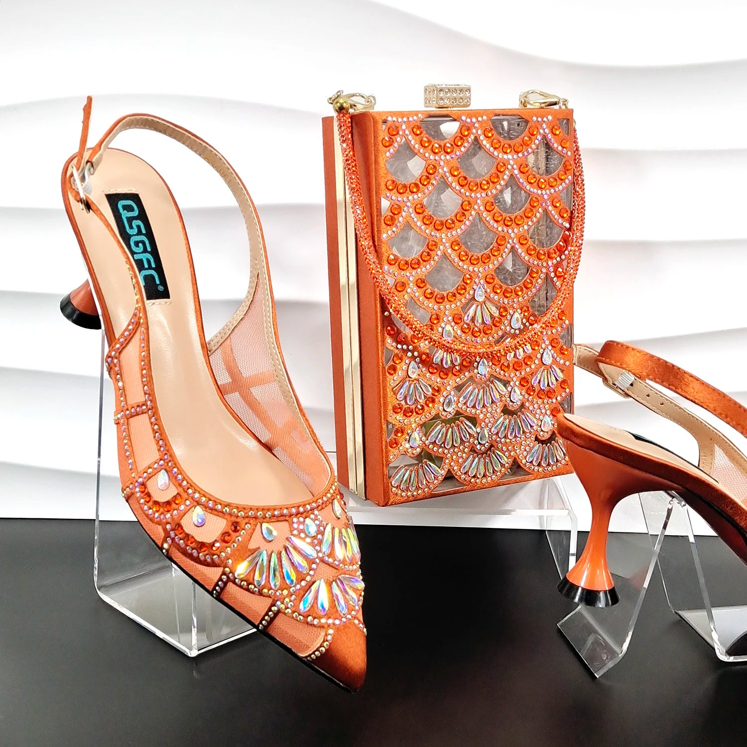 Hiking Sandals Women's Elegant Party Shoes High Heels Hollow Shoe Pocket Design with Shiny Rhinestone Decoration ORANGE