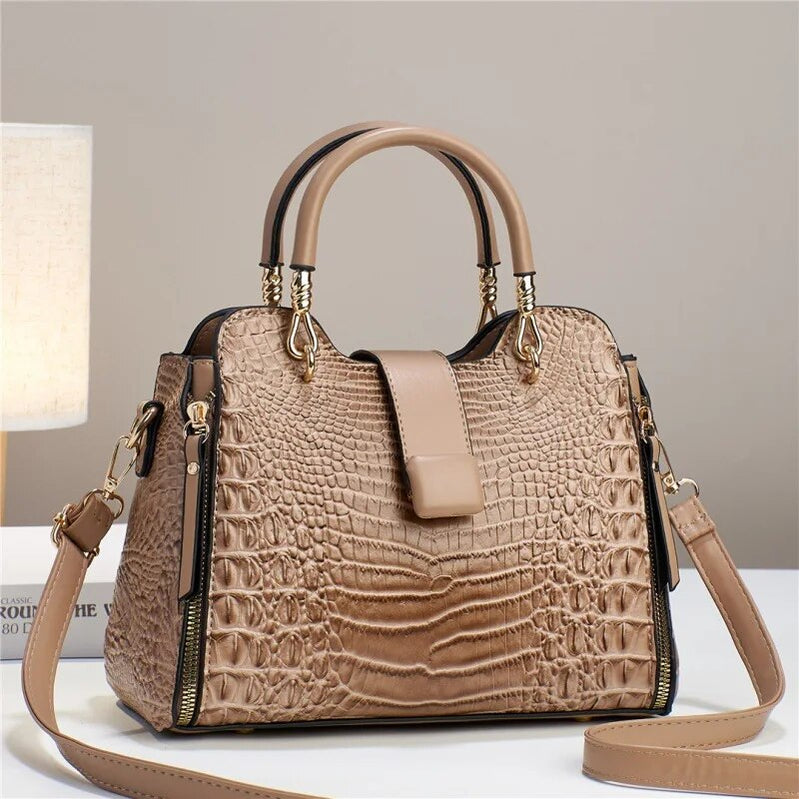Light Luxury Handbag for Women's Crocodile Pattern Leather Shoulder Crossbody Bags Trend Designer Tote Bag Khaki