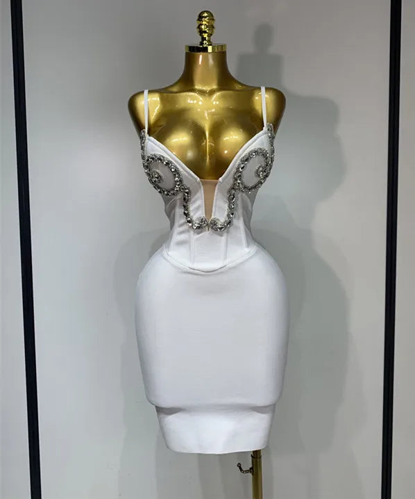 Women Sexy Spaghetti Strap V Neck Crystal Sleeveless Bandage Dress White Elegant Evening Party Cocktail  Luxury Birthday Gowns
