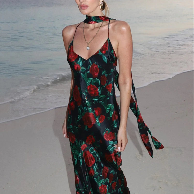 Halter Backless Print Sexy Maxi Dress For Women Gown Elegant Sleeveless High Waist Evening Club Party Long Dress